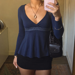 Polka Dot <b>Patchwork</b> Tie Waist Knit <b>Top</b>, A Line Long Sleeve Women's T Shirt, Printed Casual <b>Top</b>, Y2K Retro Fashion Style - Product Image 1