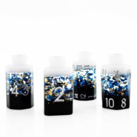 Vente en gros de nouveau jeu de dés polyédriques en résine en forme de bouteille noir blanc bleu avec feuille d'or Logo personnalisé pour les jeux de table DND RPG