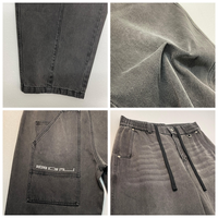 Jean à cordon de serrage pour homme, coupe ample et décontractée, en denim gris délavé, avec imprimé lettres et détails de couture, style streetwear urbain