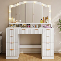 Table de maquillage avec miroir LED arqué et étagères de rangement pour dressing, armoire ou coiffeuse de chambre