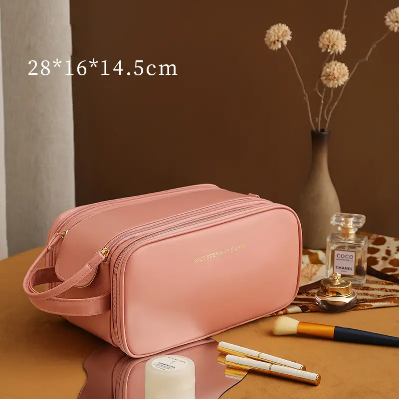 2023 nouvelle tendance haute capacité sac de maquillage en cuir PU femmes sac de maquillage de poche étanche fermeture éclair cosmétique sac de rangement