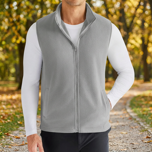 Gilet sans manches classique pour homme en polaire gris, fermeture éclair intégrale, col montant, pour superposition extérieure - Product Image 6