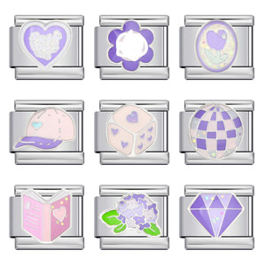Accesorios DIY: Charm Modular Italiano Elástico Hecho a Mano con Elementos de Ensueño Púrpura, de Acero Inoxidable con Baño de Oro Rosa y Zirconia, de Moda - Product Image 1