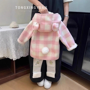 Child Star Circle Girls Plaid <b>Coat</b> Thickened Fleece <b>Lined</b> Winter Outerwear With Hood And Pockets For Kids - Product Image 3