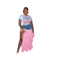 Ensemble jupe midi en jean Y2K sexy pour femme, avec t-shirt imprimé fruits et jupe taille haute fendue sur le côté, tenues assorties pour l'été