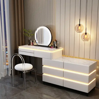 Table de maquillage intelligente moderne avec plateau en marbre, miroir sur pied, panneau en bois, table de toilette avec rangement pour chambre de fille