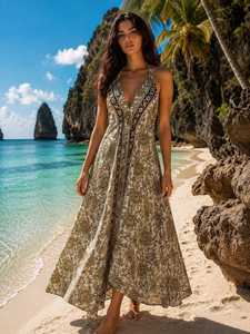 Robe Kaftan en Soie Paisley de Qualité Supérieure, Style Bohème, Longueur Ras du Sol, Idéale pour les Festivals et les Vacances, pour Femme |   Prix de gros - Product Image 3