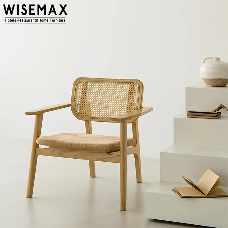 WISEMAX FURNITURE Antique wooden leisure chair natural woven rattan cane chair with soft fabric cushion for living room