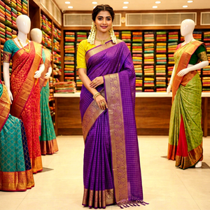 Sari en soie violette AARA Fashion avec bordure dorée et motif à carreaux, tenue de mariage pour femmes, sari indien traditionnel, longueur au sol, coupe classique - Product Image 1