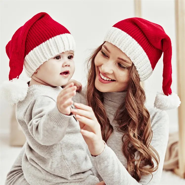 크리스마스 니트 모자 도매 아기와 엄마 매칭 겨울 모자 Pom Pom 비니 산타 크리스마스 니트 모자 키즈
