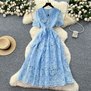 Vestido Elegante de Verano para Mujer, de Alta Gama, con Cuello Peter Pan de Encaje, Manga Corta, Cintura Ajustada y Bordado - Product Image 2