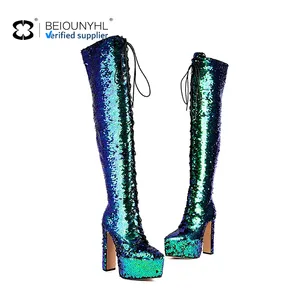 Sáng Bóng Ren lên đùi cao nền tảng khởi động phong cách bên lấp lánh sequined Dây kéo khởi động thiết kế hợp thời trang Chunky gót nền tảng khởi động - Product Image 2