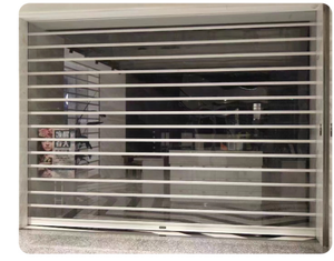 Matériel de sécurité pour magasins : Porte à enroulement en aluminium et acrylique, transparente ou givrée, avec grille en cristal transparent - Product Image 1