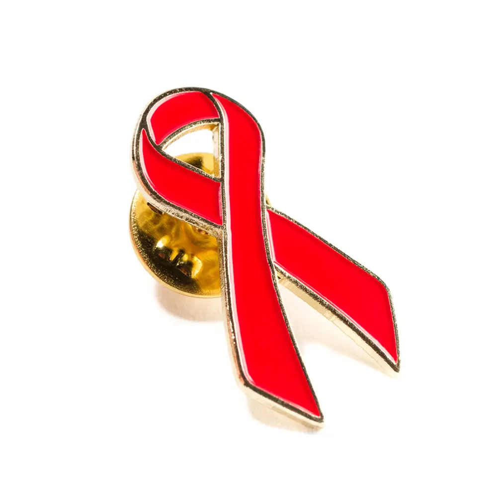 Wholesale cheap custom metal soft enamel awareness aids red ribbon lapel pin badge with butterfly clasp