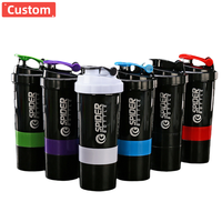 Vente en gros de shaker en plastique pour sport protéiné de 500ml avec logo personnalisé bouteille d'eau pour la gymnastique en poudre mélange d'exercices 3 compartiments sans Bpa