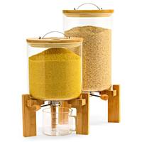 Distributeur de riz en verre avec support en bois, distributeur de farine et de sucre avec tasse à mesurer en verre pour l'organisation du garde-manger