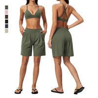 Ensemble de fitness pour femmes : soutien-gorge de sport à col en V profond et dos croisé, short de sport à taille élastique avec poches, séchage rapide