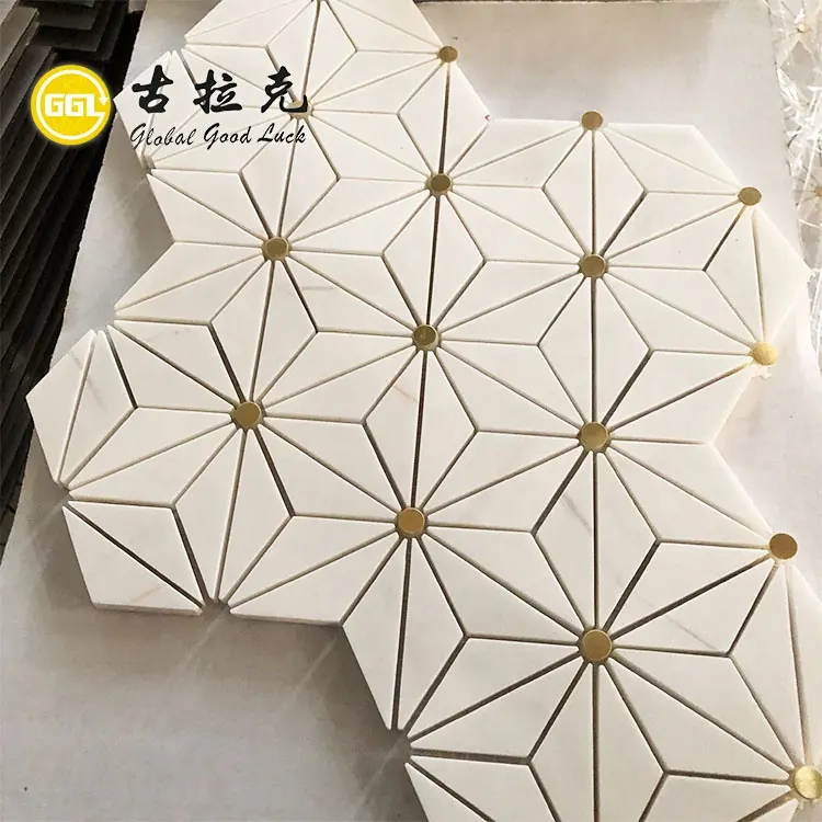 white triangle mosaic dolomite white marble tile mix brass tile
