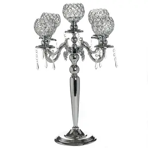 25 "hoch 5 Arm Silber Kristall Perlen Globus Metall Leuchter Kerzenhalter Set