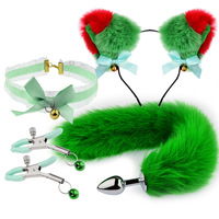 Serre-tête en peluche rouge et vert avec oreilles de chat, queue moelleuse, collier ras-du-cou en dentelle avec fermoir métallique, pinces, ensemble de cosplay, jouets sexuels pour adultes