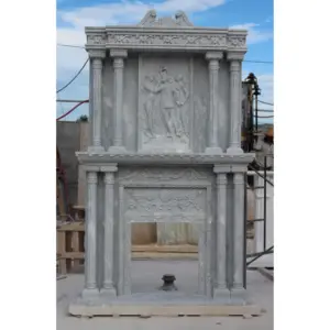 European Greek Large Size Natural Stone Hand Carved Four Columns Grey Marble Fireplace With Man Statue