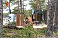 Maison en acier miroir, design européen, utilisation hôtelière, conteneur préfabriqué, cabine mobile modulaire avec caractéristiques personnalisables
