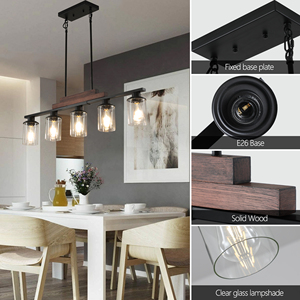 Luminaire suspendu pour îlot de cuisine de style ferme industriel à 5 lumières, 37 pouces, en <span class=keywords><strong>métal</strong></span> et <span class=keywords><strong>bois</strong></span>, avec abat-jour en verre transparent (sans ampoules) - Product Image 6