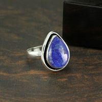 Bague en argent sterling 925 avec lapis-lazuli, taille poire, sertie clos, style vintage, unisexe, pour usage quotidien