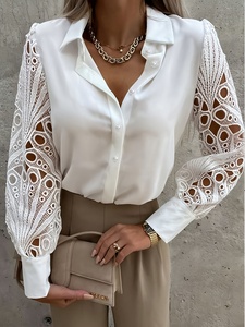 Blusa Elegante <span class=keywords><strong>de</strong></span> Mujer con Encaje Blanco y Manga Farol, Abotonada, Colección Primavera Verano 2026, Venta al por Mayor - Product Image 1