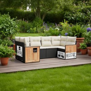 Ensemble de canapés de jardin noir et crème avec structure en rotin, coussins en mousse haute densité, mobilier d'extérieur au design contemporain - Product Image 2