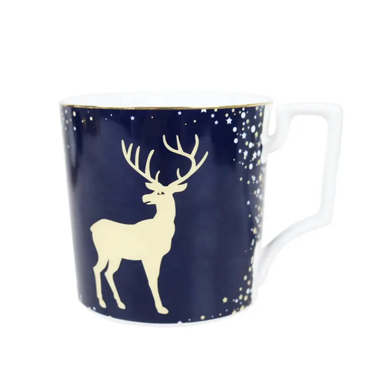Christmas Decal Solid Ceramic Coffee Mug with Handle And Saucer Wholesale Bone China Stoneware Cup Gift