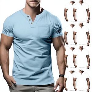 T-shirt décontracté pour homme, coupe ajustée, col en V, manches courtes, couleur unie, avec poche, en jersey de coton respirant - Product Image 2