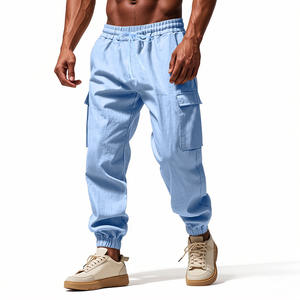 Pantaloni <span class=keywords><strong>Cargo</strong></span> Casual da Uomo 100% Cotone <span class=keywords><strong>Lino</strong></span> Tinta Unita Taglia Grande Vestibilità Comoda - Product Image 5