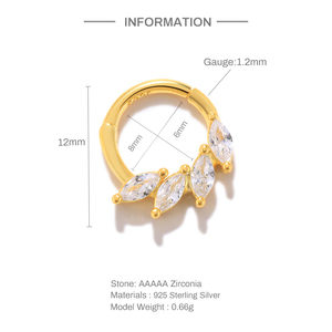 CANNER S925 Pendientes de Aro de Plata de Ley con Zirconia Marquise Ojo de Caballo y Diamante para Piercing de Cartílago, Joyería, Diámetro Interior 8mm - Product Image 3