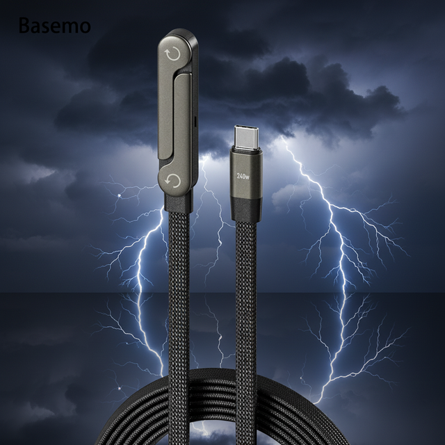 Hot Sale Nylon Braided 240W Fast Charging Cable, 90° Angled Design, 360° Rotating Phone Holder, Compatible with Multiple Devices
