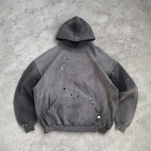 Hoodie Pria Custom 100% Katun French Terry Model Crop Warna Hitam Sun Faded Oversize Acid Wash Motif Cat Splatter Bordir Polos - Product Image 1