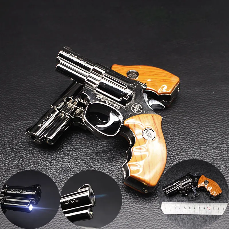 Novo Revólver Isqueiro 1: 1 Metal Revólver + Tipo de Couro com LED pistola de gás isqueiro pistola pistola isqueiro