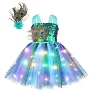 High Quality LED Princess Tutu Dresses For Girls Kids Adjustable Light Peacock Sequin Cosplay Costume Turquoise Tulle Ball Gown