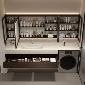 Meuble <span class=keywords><strong>de</strong></span> <span class=keywords><strong>salle</strong></span> <span class=keywords><strong>de</strong></span> <span class=keywords><strong>bain</strong></span> intégré avec <span class=keywords><strong>machine</strong></span> <span class=keywords><strong>à</strong></span> <span class=keywords><strong>laver</strong></span>, combinaison vasque en dalle <span class=keywords><strong>de</strong></span> roche, design minimaliste moderne, miroir intelligent et rangement - Product Image 4