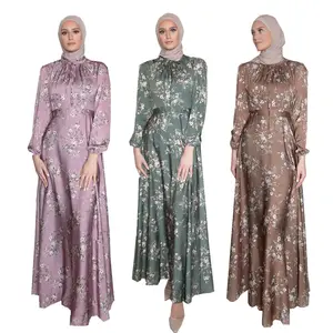 Longue robe arabe pour femmes, imprimée de fleurs, soyeuse, style Maxi, ceinture, musulman, marocain