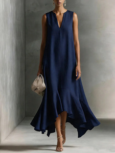 Nouvelle robe midi pour femmes, robe sans manches à col en V avec ourlet asymétrique à volants, robe élégante et fluide pour le bureau et les occasions formelles - Product Image 4