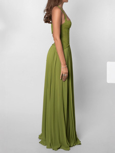 Abito lungo da donna <span class=keywords><strong>con</strong></span> corsetto in pizzo personalizzato, <span class=keywords><strong>gonna</strong></span> a pieghe, scollo a V profondo, elegante abito da sera senza maniche OEM ODM - Product Image 4