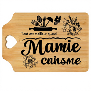 Planche à découper rectangulaire avec poignée en forme de cœur gravée par la grand-mère - <span class=keywords><strong>Cadeau</strong></span> d'anniversaire pour la grand-mère, personnalisable, 30x21cm, bambou naturel, 1cm d'épaisseur - Product Image 1