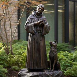 Église religieuse franciscaine décor de jardin extérieur métal laiton moulé stigmates Saint grandeur nature loup et saint françois Statue en Bronze - Product Image 5