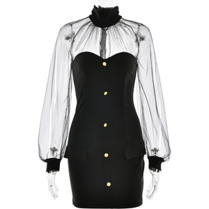 Vestido mini ajustado de cuello alto con mangas de malla y botones, de color liso, de gasa, para mujer. - Product Image 5