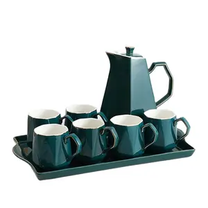 Роскошный набор из 8 чашек чайник и поднос глянцевая темно-зеленая керамическая чашка для чая и кофе набор с золотой отделкой Декор Подарочная коробка Упаковка