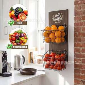 Wooden Wall Mounted Fruit <b>Storage</b> <b>Basket</b> Double Layer Wrought Iron Rack For Kitchen Vegetables And Fruits <b>Large</b> Capacity - Product Image 1
