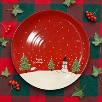 Assiette à dessert en céramique de Noël Bonhomme de neige rouge, design mignon de dessin animé, forme plate, compatible micro-ondes et lave-vaisselle, style Instagram