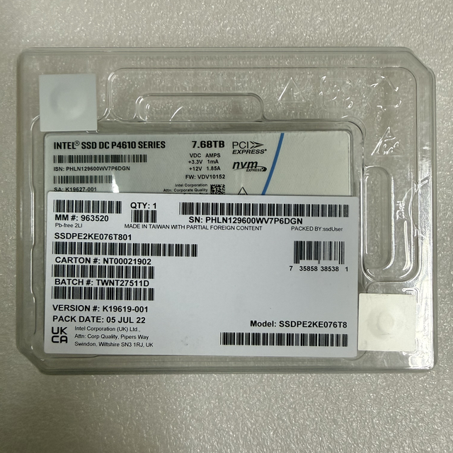 Intel P4610 7.68T U.2 Internal SATA 3.0 Enterprise SSD for Server Use Used SSDPE2KE076T801 501-600MB/s Read/Write 4200 RPM