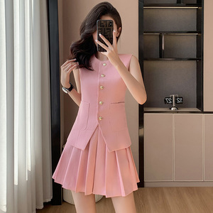 Women's Two Piece Suit Set Pink Blazer Vest Pleated Midi Skirt Solid Color Slim Fit Polyester Fabric - Product Image 1